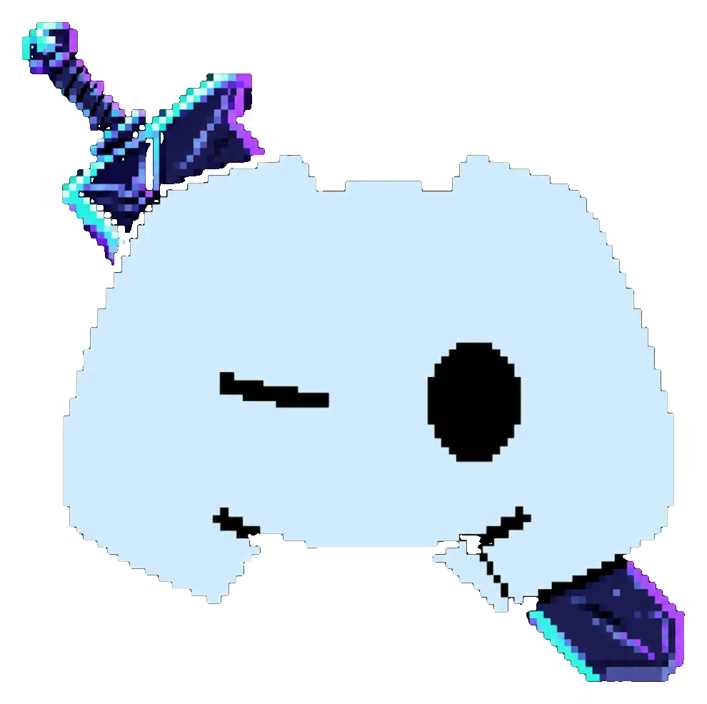 Guts Discord: a pale pixel-art chat mascot, winking, with a crystal sword driven straight through it