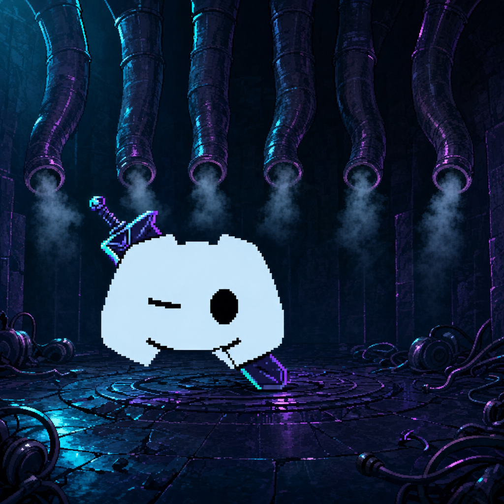 Guts Discord standing in a dark stone chamber under six pipes exhaling steam, headsets and cables scattered on the floor